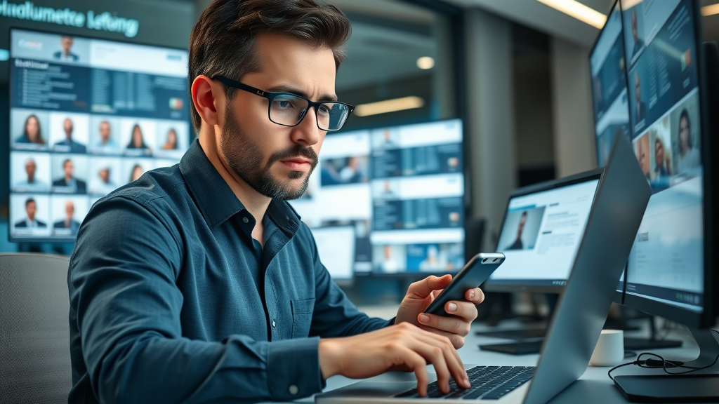 Professional marketer analyzing business listing optimization on multiple devices