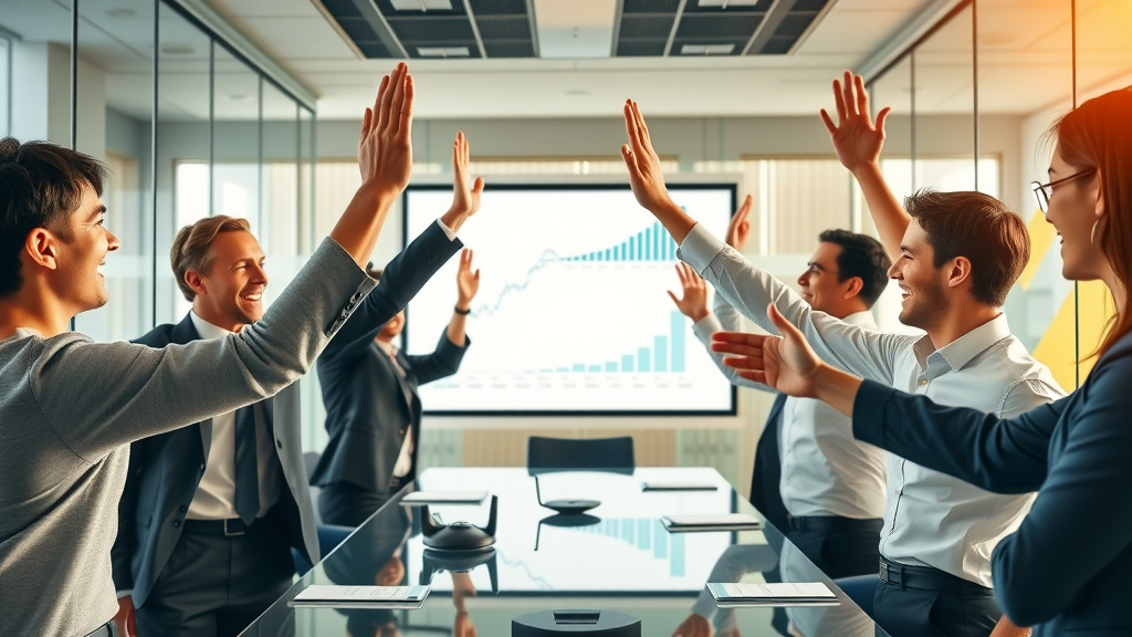 business team celebrating improved email campaign optimization conversion rates, positive charts, diverse group, modern office
