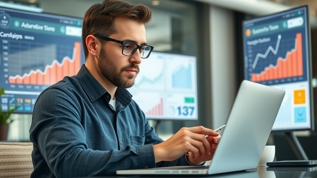 dynamic marketer analyzing email campaign on a laptop for email campaign optimization, digital screens displaying analytics, modern office