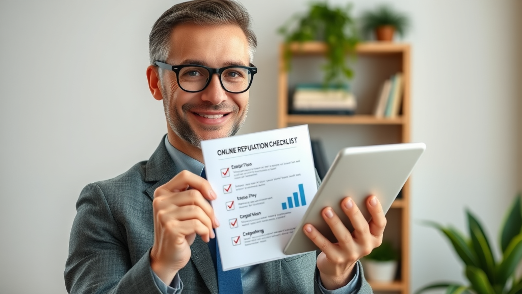 Online reputation management expert holding a checklist tablet, offering pro tips for managing your reputation online