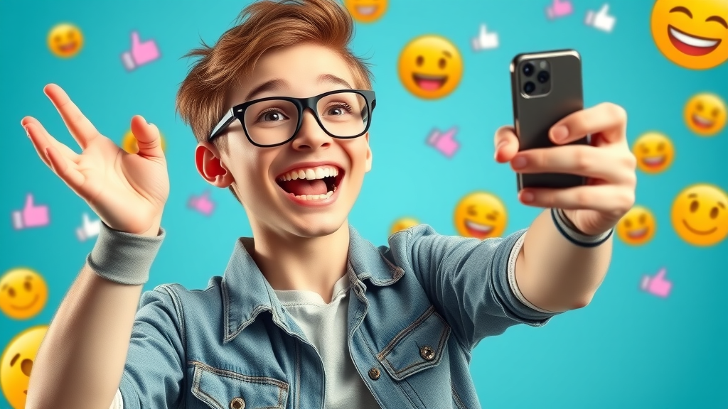 Energetic social media influencer sharing a mobile marketing campaign post on mobile app. Social media and mobile app synergy for viral marketing.