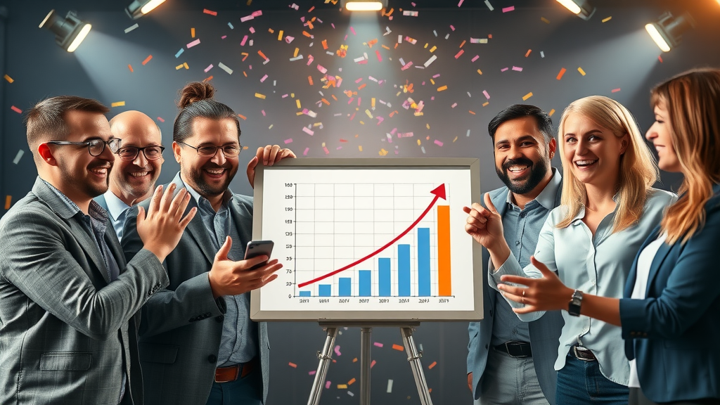 Successful brand team reviewing upward growth from posting at better times on social media