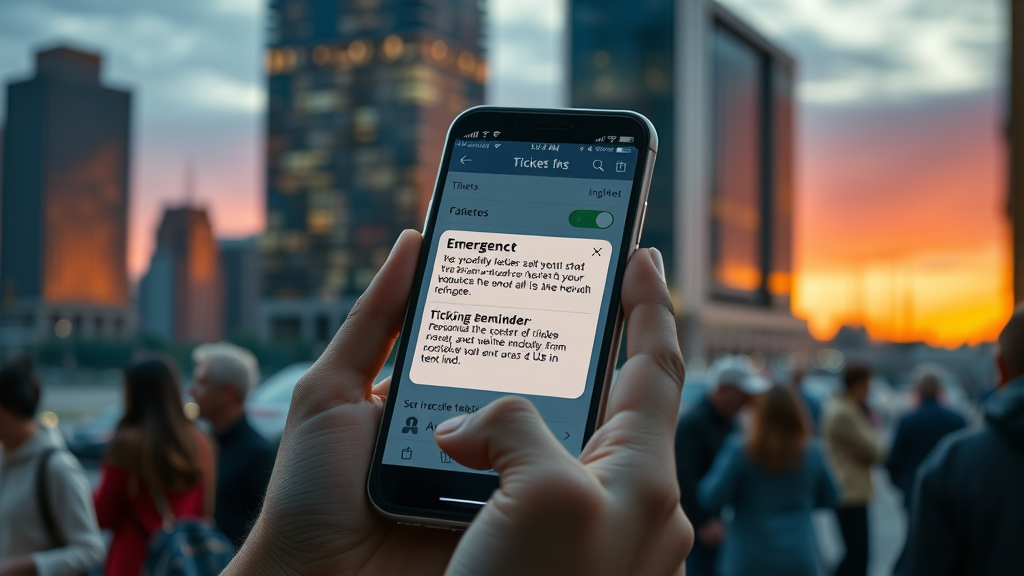 sms marketing application phone sending emergency alert, event reminder in city scene