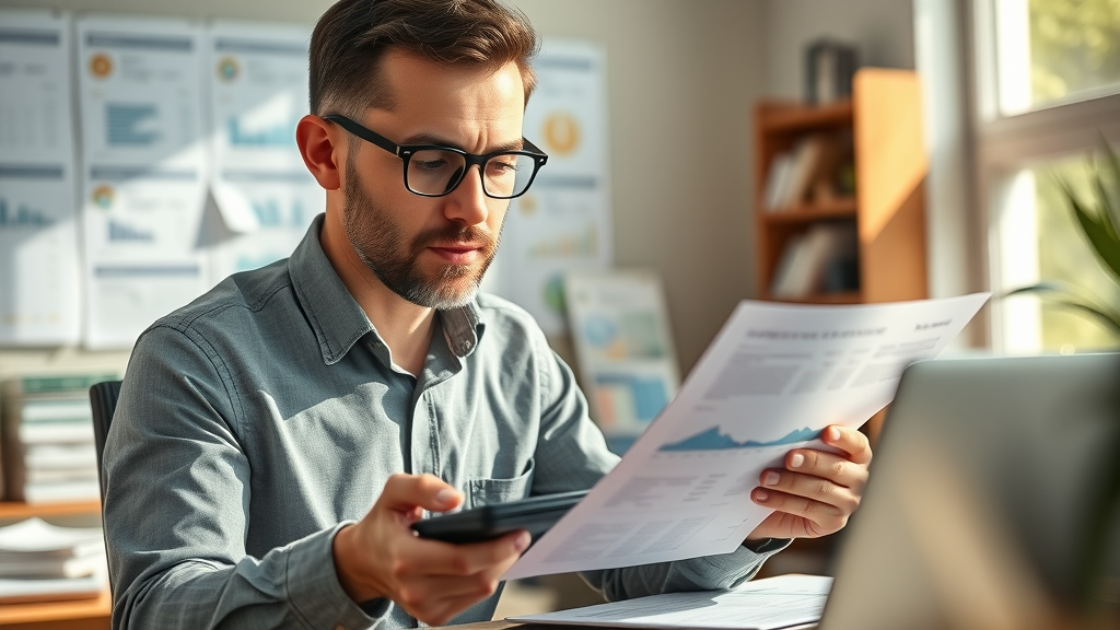 Small business owner reviewing SMS marketing budget, planning marketing campaigns costs, managing financials