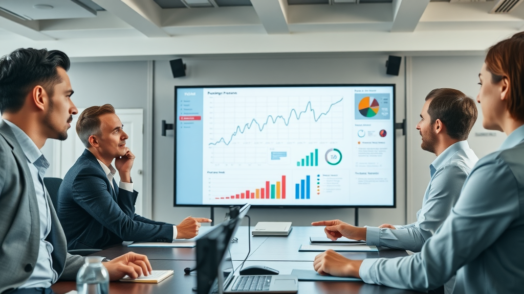 corporate executives reviewing positive brand reputation metrics in a modern boardroom