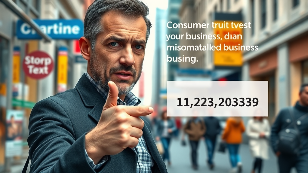 Infographic showing a consumer losing trust due to inaccurate business profile for business listing optimization in a busy city street