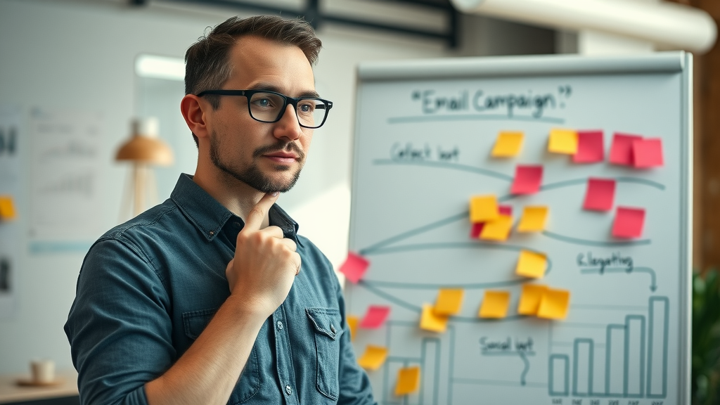 Digital marketer mapping the strategy of a high-performing email marketing campaign on whiteboard
