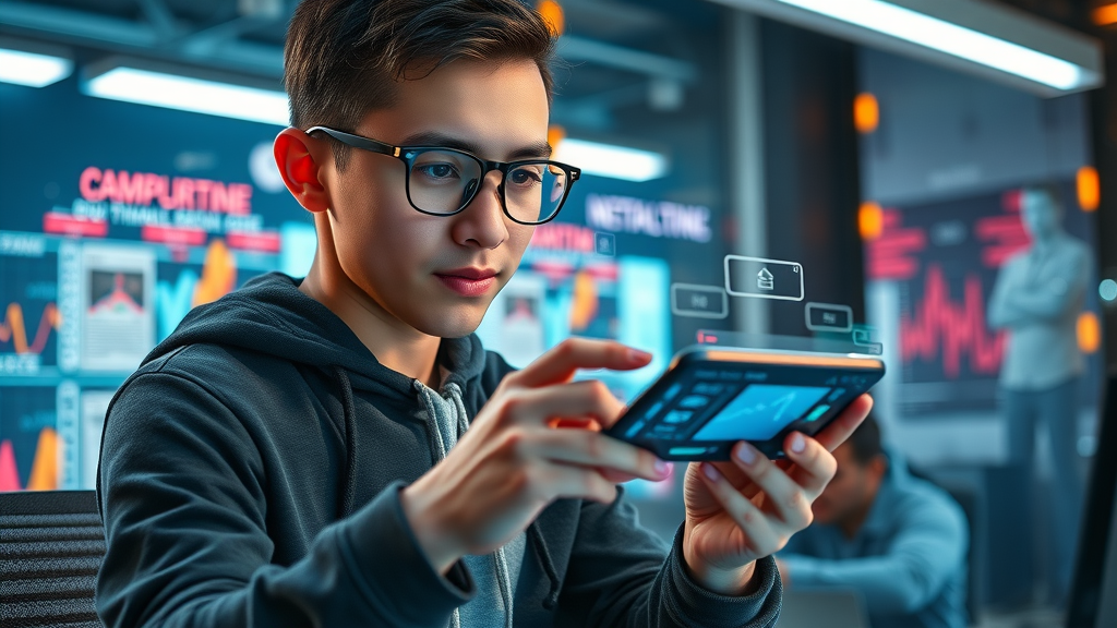 Dynamic digital marketer designing a mobile marketing campaign using smartphone with floating UI and futuristic workspace. Target audience and campaign optimization visual.