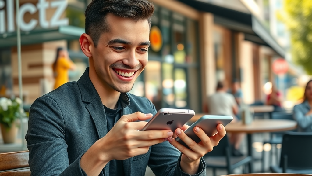 Young customer engaging with push notification on mobile phone. Effective mobile app marketing at a vibrant outdoor cafe.