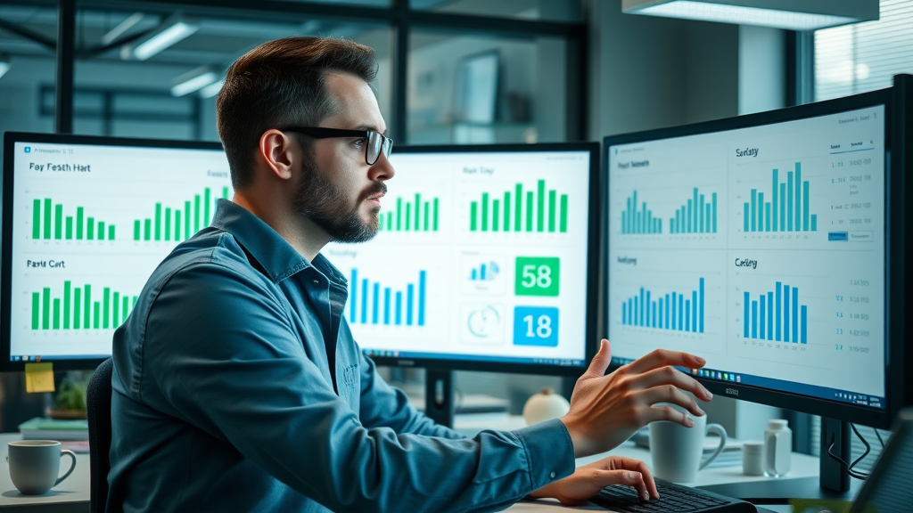 marketer reviewing email campaign A/B test results for optimization, comparison of graphs and metrics on monitors