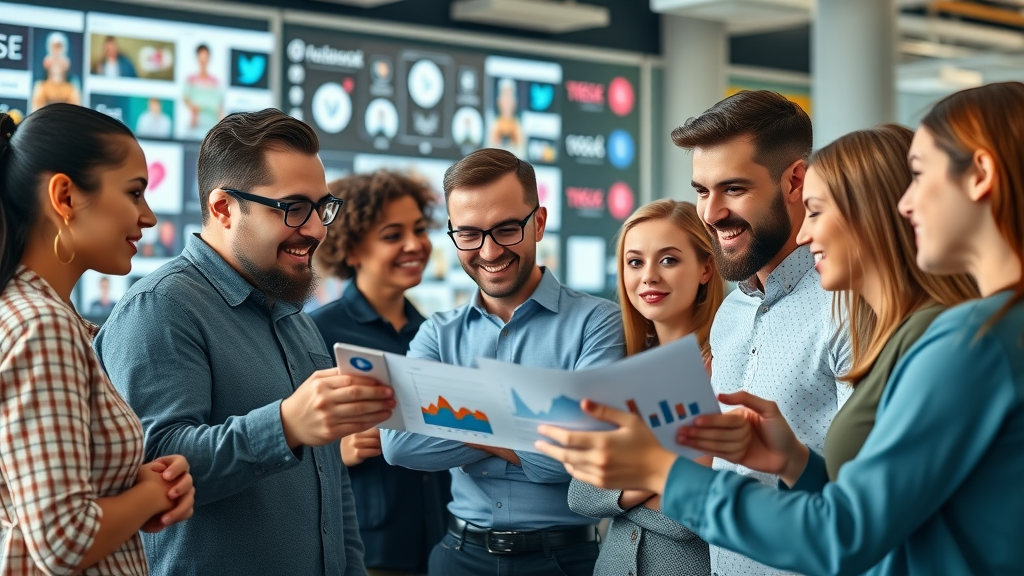 social media marketing trends digital marketing team office workspace analyzing charts