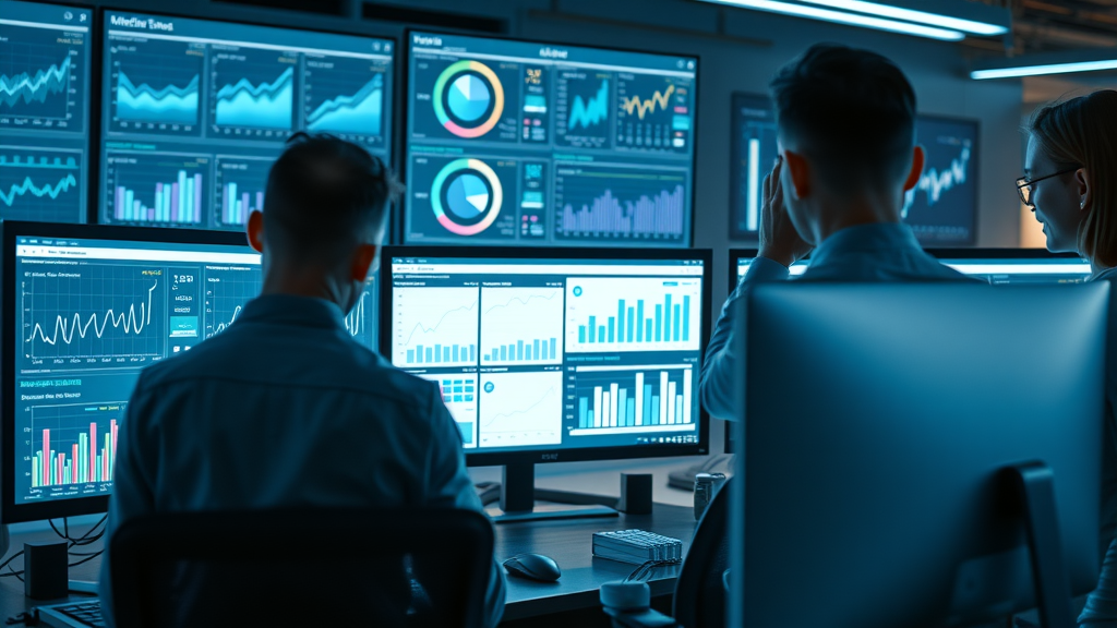 Modern marketing dashboard, team using reputation marketing software, glowing analytics displays, digital charts, brand reputation analysis, blue hues, smart workspace