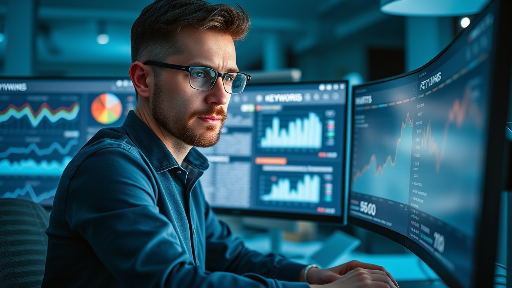 analytical marketer optimizing blog content for SEO with dashboards and heatmaps