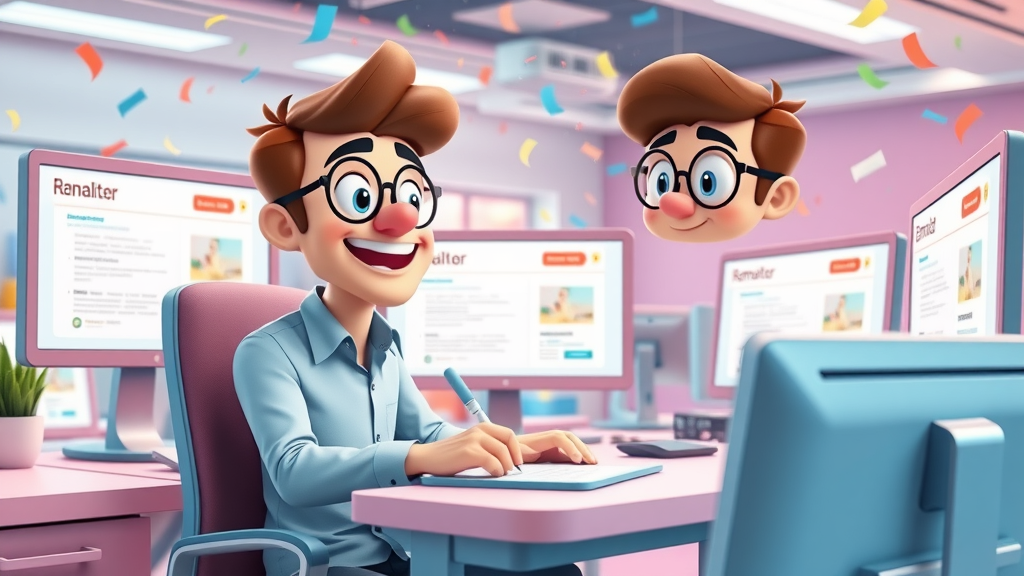 email marketer designing digital marketing campaign with graphics and cheerful mood