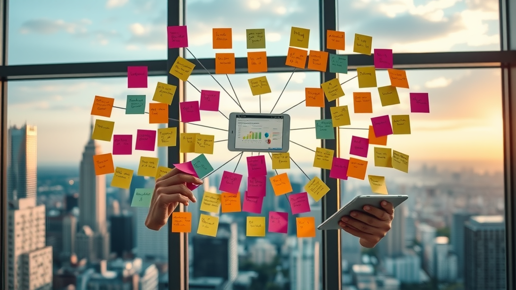 Creative mind-mapping of customer email segments, marketer arranging sticky notes by segments for email campaigns, pastel colors, golden hour lighting
