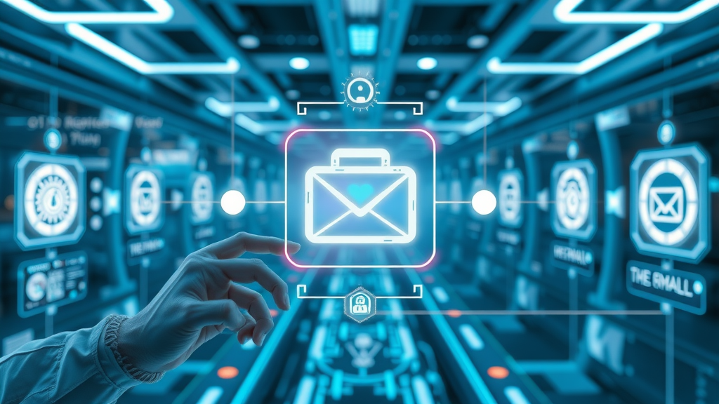 futuristic automated email workflow system with AI features for email campaign optimization, glowing workflow, digital pathways