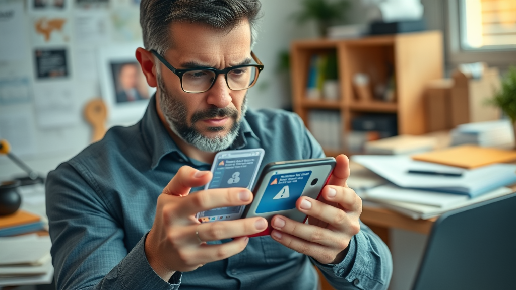 Concerned business owner reviewing non-compliant sms messages related to sms opt-in compliance