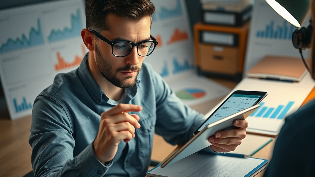 marketer analyzing a/b test results for sms marketing campaigns, analytics charts, testing effectiveness