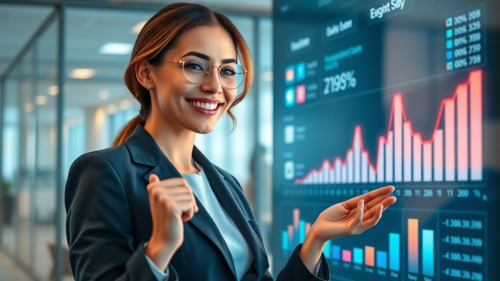Businesswoman reviewing spike in engagement stats on screen - posting times affect social media engagement