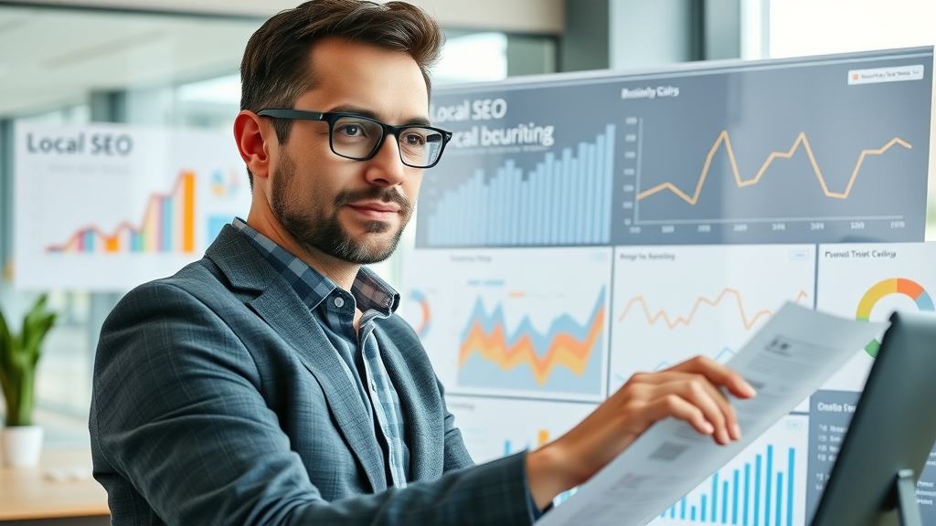 on-page local seo analytics dashboard, business owner reviewing SEO performance