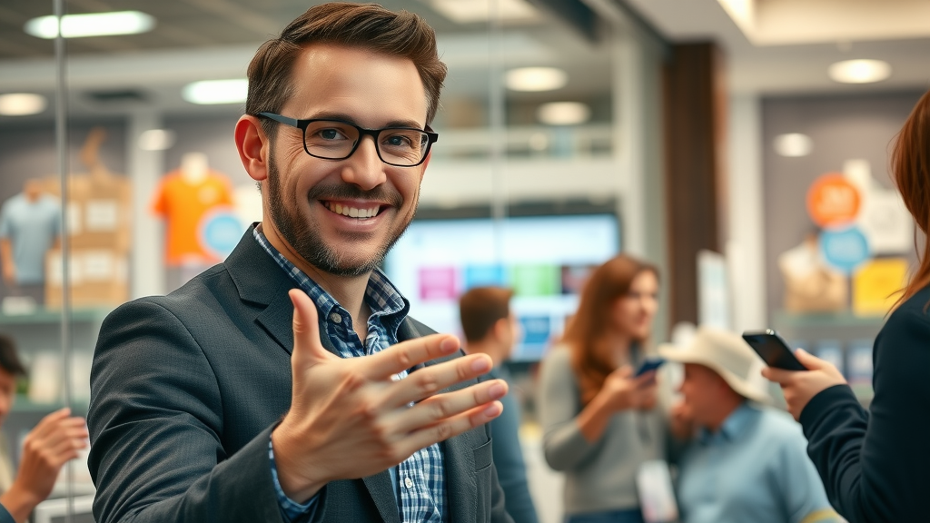 trustworthy marketing professional inviting customers to join an sms subscriber list at a retail storefront, highlighting sms marketing strategy best practices