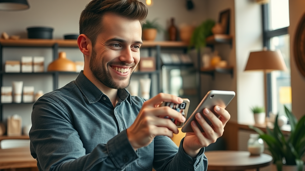 Entrepreneur uploading new business photos for business listing optimization in a cozy cafe