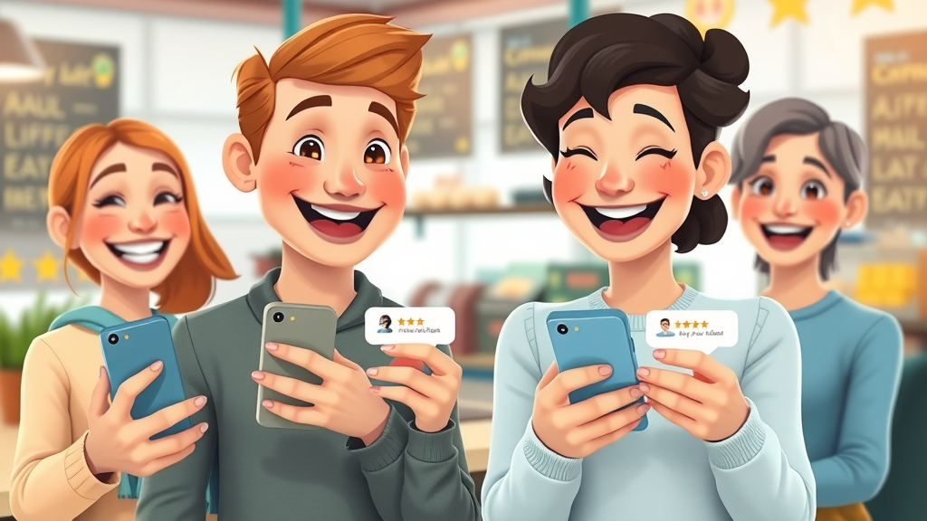 Cheerful customers leaving positive reviews, online reputation marketing strategies, review app on smartphones, clean retail background, genuine smiles, vibrant colors, pastel palette, customer experience