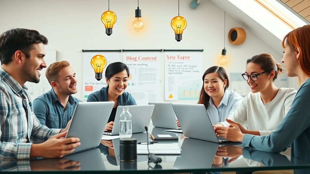 Creative marketing team discussing blog content and customer testimonials, animated idea lightbulbs, brand content, reputation marketing