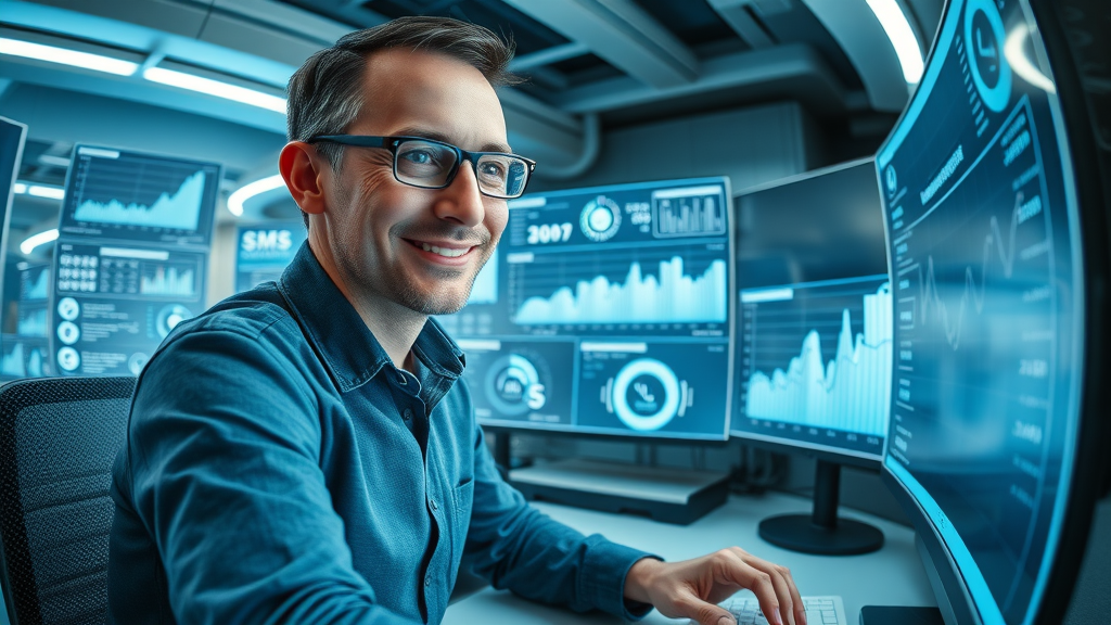 professional analyst reviewing SMS marketing campaign performance graphs and metrics on futuristic digital screens