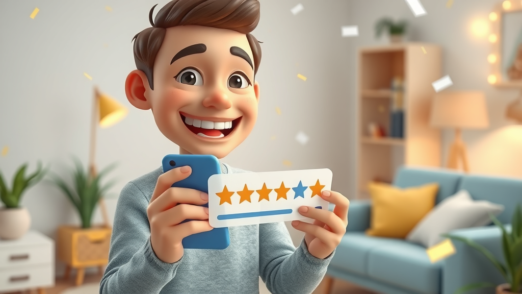happy customer giving positive online review with mobile phone, cheerful expression, sending a 5-star rating, 3D Cartoon, home office background with soft furniture and digital icons floating around, highly detailed, animated confetti and glowing stars, pastel colors, soft ambient lighting, shot with a 35mm lens. Positive review culture in social reputation