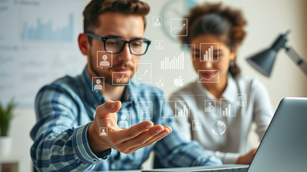 visionary executive analyzing the future of reputation management with AI-powered monitoring tools in a futuristic office
