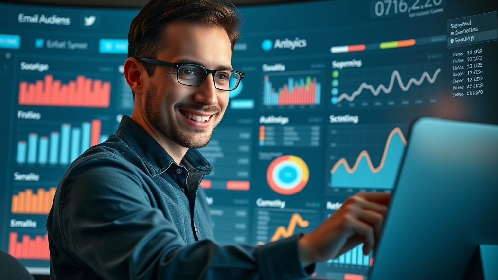 dynamic dashboard of segmented email marketing analytics with marketer adjusting campaign