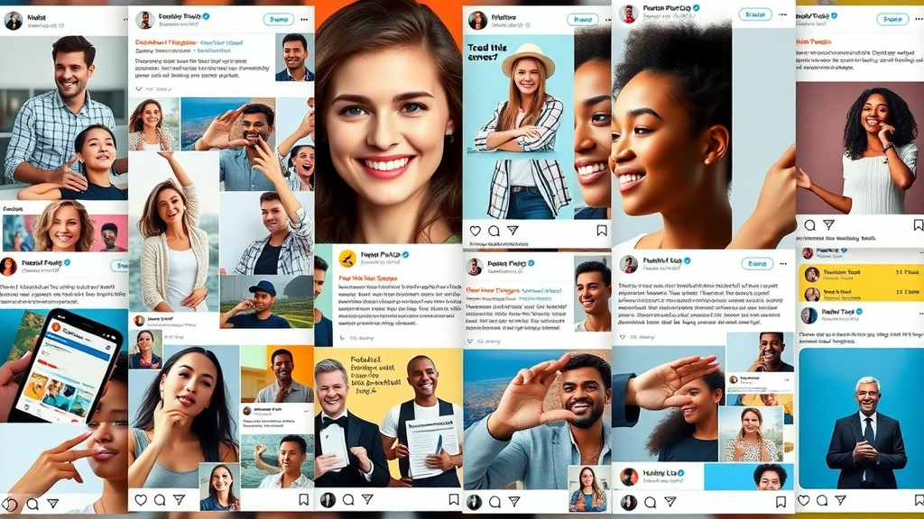 collage of diverse social media posts, different types of engaging content, behind-the-scenes, polls, testimonials, trending memes