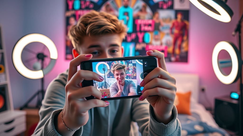 content creator recording social media video with digital overlays, trending media post formats