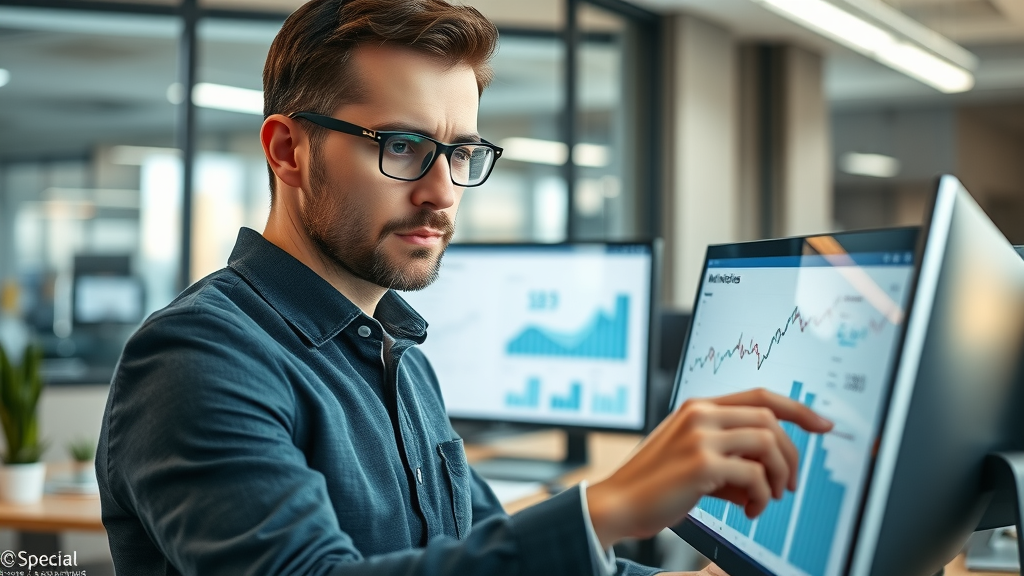 modern office worker analyzing email click-through rates on digital screen, reviewing business email marketing campaigns analytics, high-tech office decor