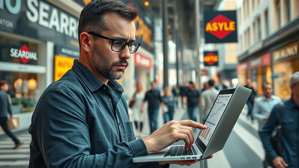 local keyword research urban business owner analyzing digital charts