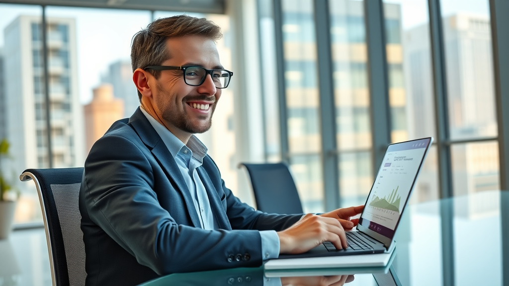 Confident business professional reviewing online customer feedback, reputation marketing strategies, bright open office, visible graphs and stars, brand reputation, photorealistic, cityscape background, vibrant colors, natural daylight