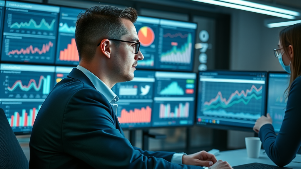 business team using reputation monitoring tools to analyze online reputation statistics in a contemporary office