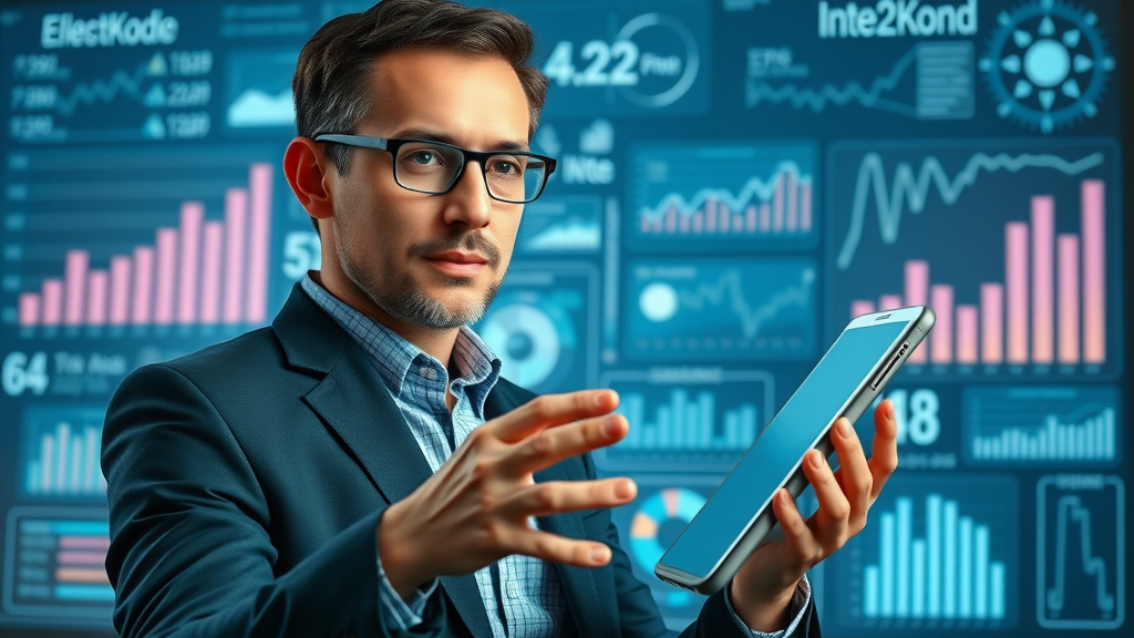 Professional marketer explaining digital strategy on a giant mobile phone illustration with digital marketing icons and charts. Mobile marketing strategy visualization.