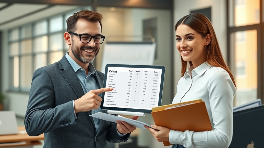 Online reputation management consultant presenting cost breakdown to a client using a digital pricing chart