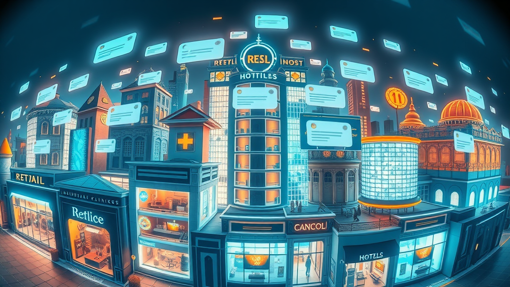 collage of retail, healthcare, hospitality industries, each with digital sms notifications, sms marketing statistics impact sectors