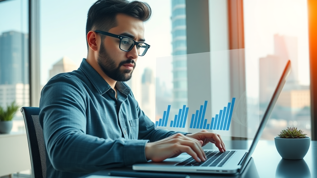 business analyst reviewing ROI from customer feedback and google reviews with upward trend charts