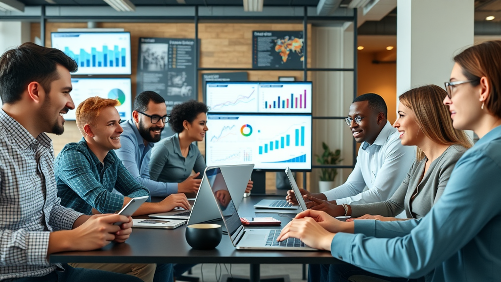 digital marketing workspace with team brainstorming and analytics screens
