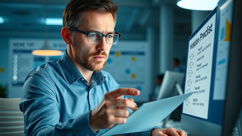 Marketing specialist analyzing checklist and review acquisition workflow with digital monitor, reputation marketing strategy