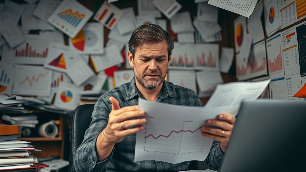 Stressed marketer overwhelmed by messy analytics charts - media analytics