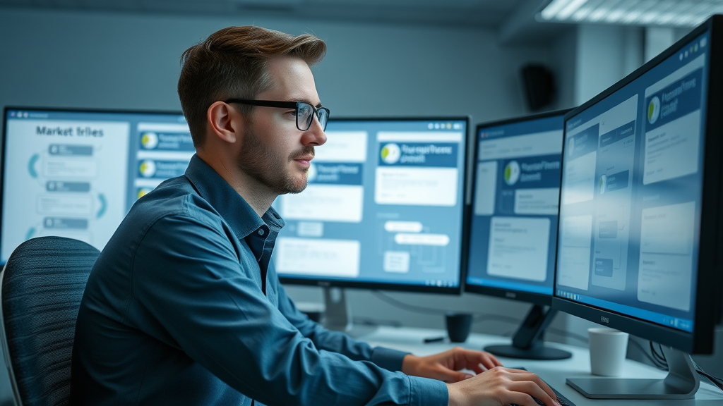 advanced automation in sms marketing tool, manager setting up workflows and custom triggers on computer