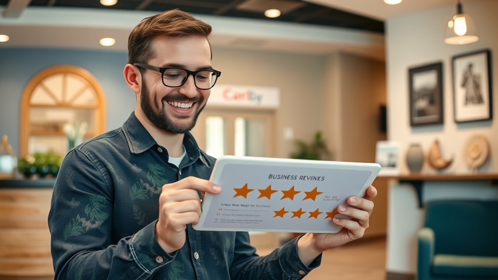 customer leaving positive review on local business tablet