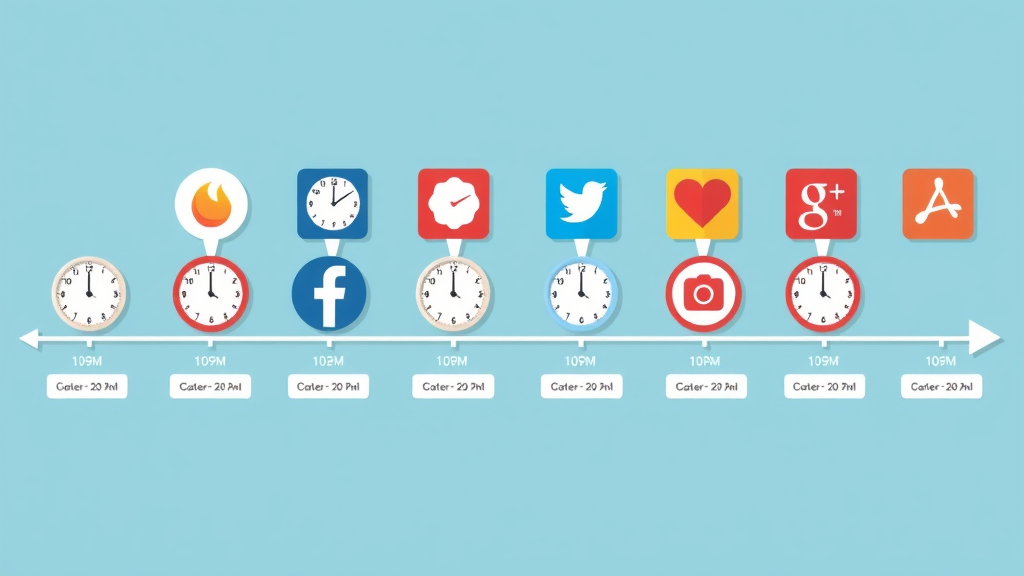timeline graphic best social media posting times, platform-specific icons, clean and modern design