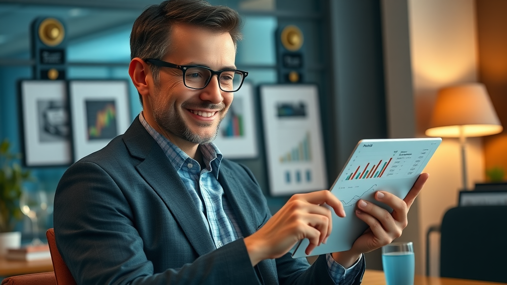Confident marketer analyzing past purchase history for advanced email segmentation, digital stats and sales graphs on tablet, ambient lighting in office