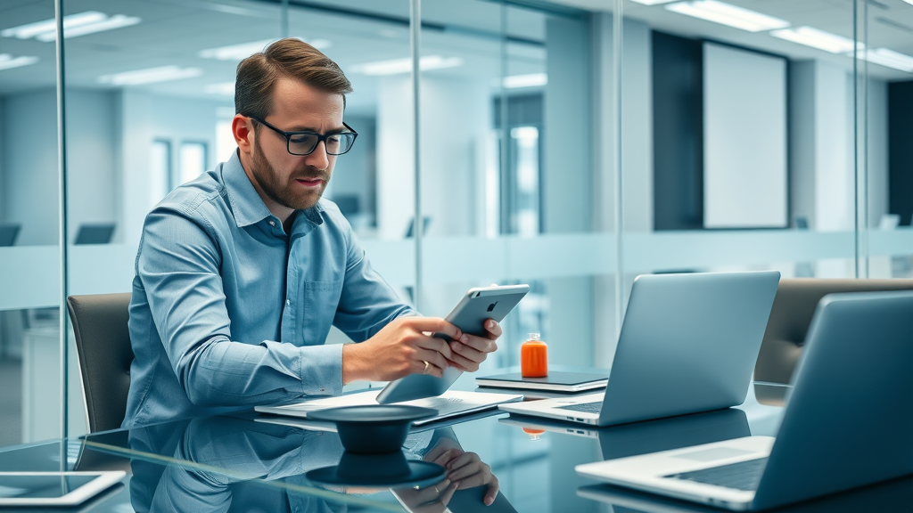 tech entrepreneur studying AI-powered sentiment analysis and online reputation trends with Brandwatch in a futuristic office